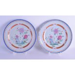 A PAIR OF EARLY 18TH CENTURY CHINESE EXPORT FAMIULLE ROSE PLATES Yongzheng/Qianlong, painted with