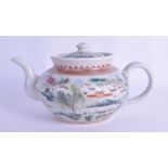 A 1970S CHINESE PORCELAIN SQUAT TEAPOT AND COVER painted with landscapes under a maroon border. 20.5