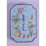 A CHINESE CANTON ENAMEL ABSTINENCE PLAQUE painted with flowers and calligraphy. 4.25 cm x 6 cm.