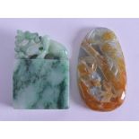 A CHINESE CARVED GREEN JADEITE SEAL together with a mutton jade amulet. Both 5 cm high. (2)