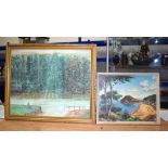 TWO OIL PAINTINGS one depicting a figure fishing. (2)