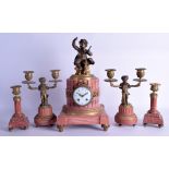 A GOOD 19TH CENTURY FRENCH FIVE PIECE BRONZE CLOCK GARNITURE comprising of a central marble mantel