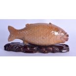 A RARE 19TH CENTURY SALT GLAZED FISH SPIRIT FLASK Attributed to Vauxhall or Brampton. 17.5 cm long.