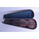 AN ANTIQUE TWO PIECE BACK VIOLIN and bow, bearing pseudo Stradivarius label to interior. 45.5 cm