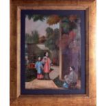 Chinese School (19th Century) A Framed oil on canvas, depicting two females and a young girl upon