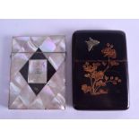 A VICTORIAN MOTHER OF PEARL CARD CASE together with a Japanese lacquered card case. 8.25 cm x 10.