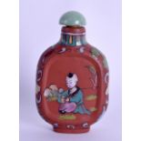 A RARE EARLY 20TH CENTURY CHINESE YIXING POTTERY SNUFF BOTTLE AND STOPPER painted with children