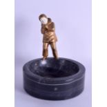 A LOVELY EARLY 20TH CENTURY EUROPEAN BRONZE AND CARVED IVORY INKWELL modelled as a boy blowing