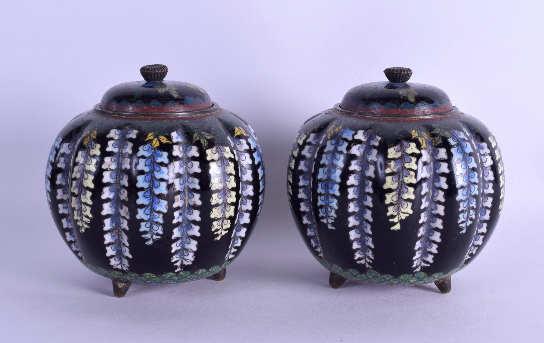 A PAIR OF EARLY 20TH CENTURY JAPANESE MEIJI PERIOD LOBED CLOISONNE ENAMEL CENSERS AND COVERS