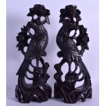 A PAIR OF 19TH CENTURY CHINESE CARVED HARDWOOD FIGURE OF BIRDS modelled upon naturalistic bases.