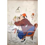 KION EVAN MARENGO (1904-1988), amusing cartoon watercolour, male examining antiquities, signed "