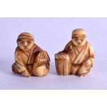 A PAIR OF SMALL LATE 19TH CENTURY JAPANESE MEIJI PERIOD CARVED IVORY NETSUKE in the form of seated