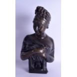 A LOVELY ART NOUVEAU BRONZE BUST OF A FEMALE modelled holding robes across her chest. 45 cm high.