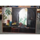 A LARGE FRAMED OIL ON CANVAS 20th Century, depicting an interior. 115 cm x 86 cm.