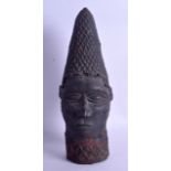 AN AFRICAN BENIN BRONZE BUST OF A MALE modelled in cross hatch head ware. 34 cm high.