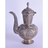 A 19TH CENTURY INDO PERSIAN WHITE METAL WATER POT AND COVER with gilt decoration, decorated with