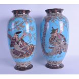 A GOOD PAIR OF 19TH CENTURY JAPANESE MEIJI PERIOD CLOISONNE ENAMEL VASES depicting samurai and