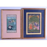 A FRAMED INDIAN ILLUMINATED MANUSCRIPT together with another framed watercolour. Each image 11 cm