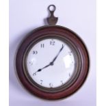 A 19TH CENTURY CARVED WOOD HANGING BRASS BOUND WALL CLOCK with Tunbridge inlaid case. 15.5 cm