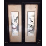 A PAIR OF 20TH CENTURY JAPANESE WATERCOLOURS, depicting birds amongst foliage. 19 cm x 5 cm.