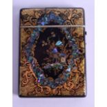 AN EARLY VICTORIAN BLACK LACQUER PAPIER MACHE CARD CASE decorated with Oriental type landscapes,