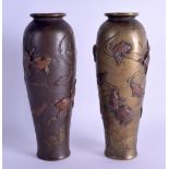 A PAIR OF 19TH CENTURY JAPANESE MEIJI PERIOD MIXED METAL BRONZE VASES decorate with carp and other