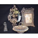 AN ART NOVEAU PICTURE FRAME, TOGETHER WIT HA STATUE, DISH ETC. (4)