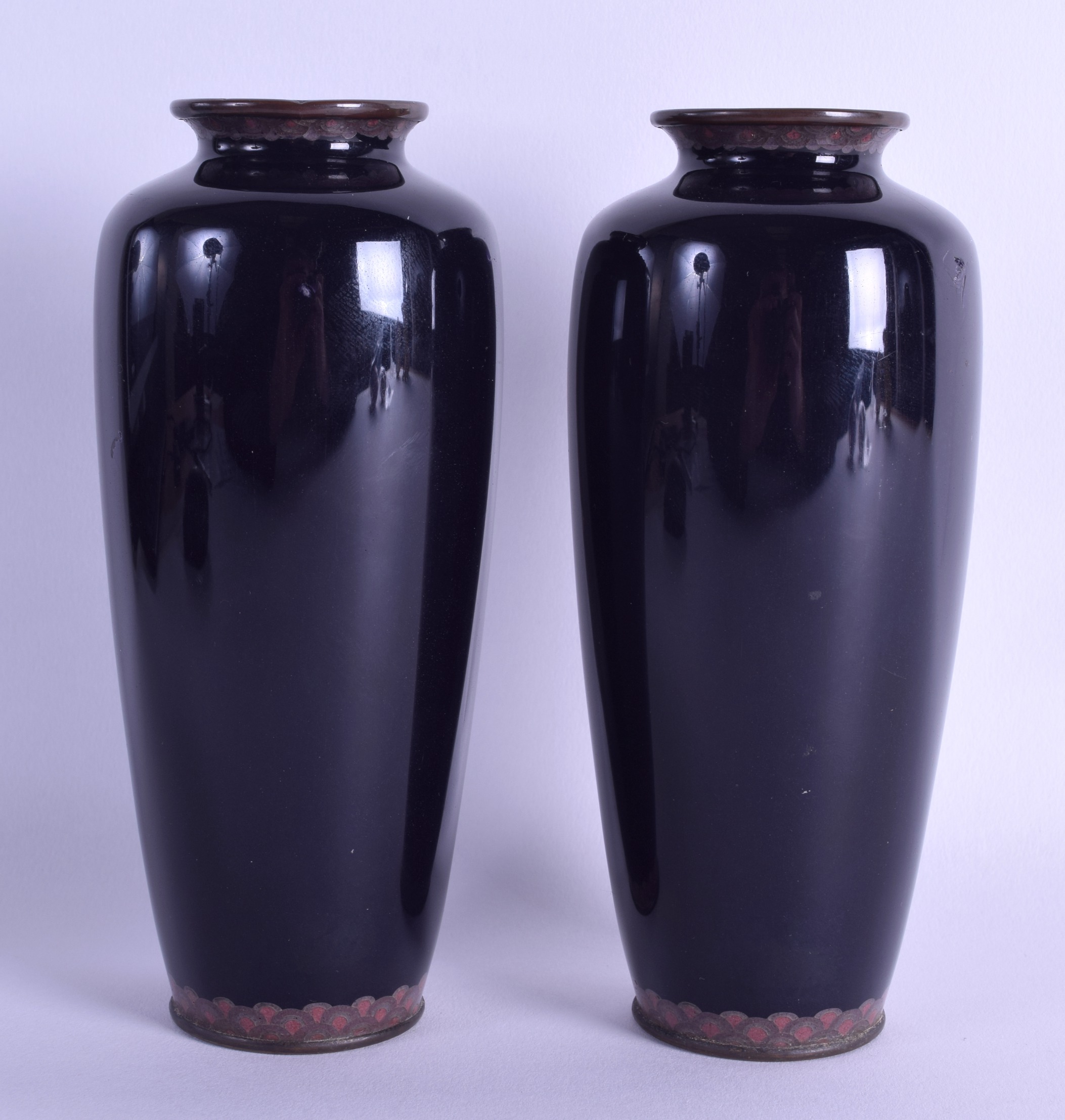 A GOOD PAIR OF EARLY 20TH CENTURY JAPANESE MEIJI PERIOD CLOISONNE ENAMEL VASES decorated with - Image 2 of 3