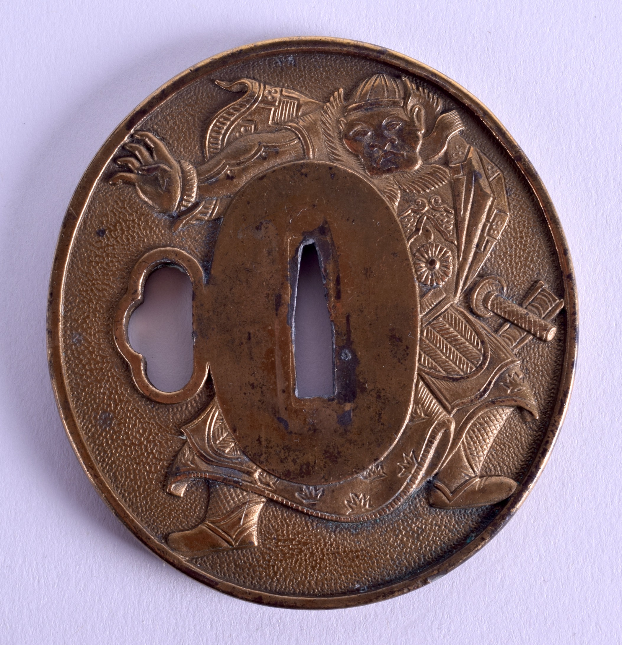 A 19TH CENTURY JAPANESE MEIJI PERIOD BRONZE TSUBA decorated to both sides with a samurai. 7 cm