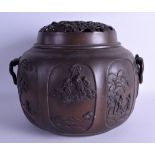 A LARGE 19TH CENTURY JAPANESE MEIJI PERIOD BRONZE CENSER AND COVER decorated with figures in various