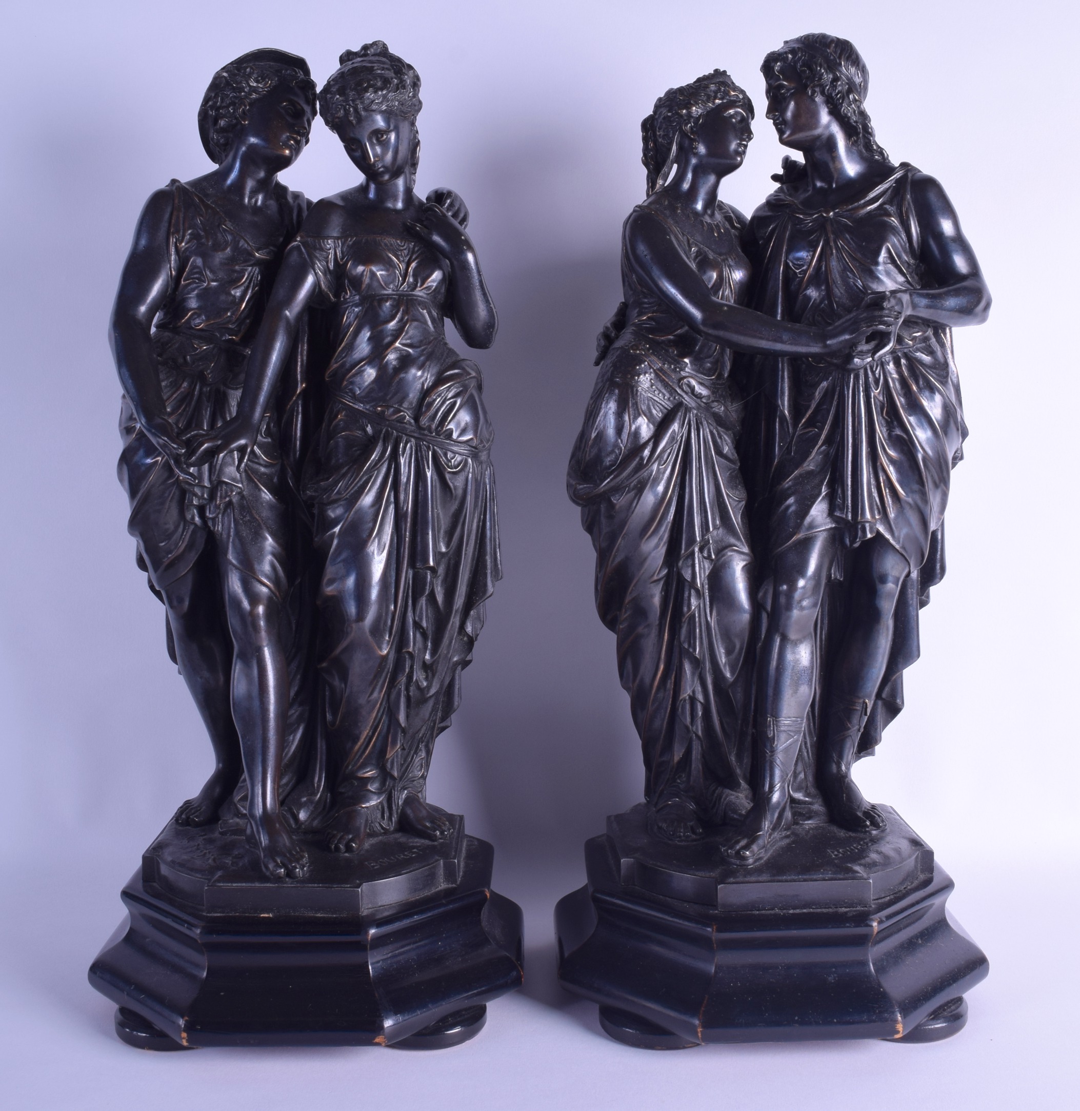 A PAIR OF 19TH CENTURY FRENCH SPELTER FIGURES OF A MALE AND FEMALE modelled after Bouret, upon