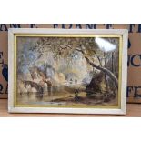 A SMALL FRAMED ANTIQUE WATERCOLOUR depicting a fishing scene. 27 cm x 18 cm.