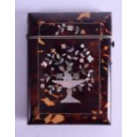 A VICTORIAN CARVED TORTOISESHELL AND MOTHER OF PEARL CARD CASE decorated with a vase and sprouting