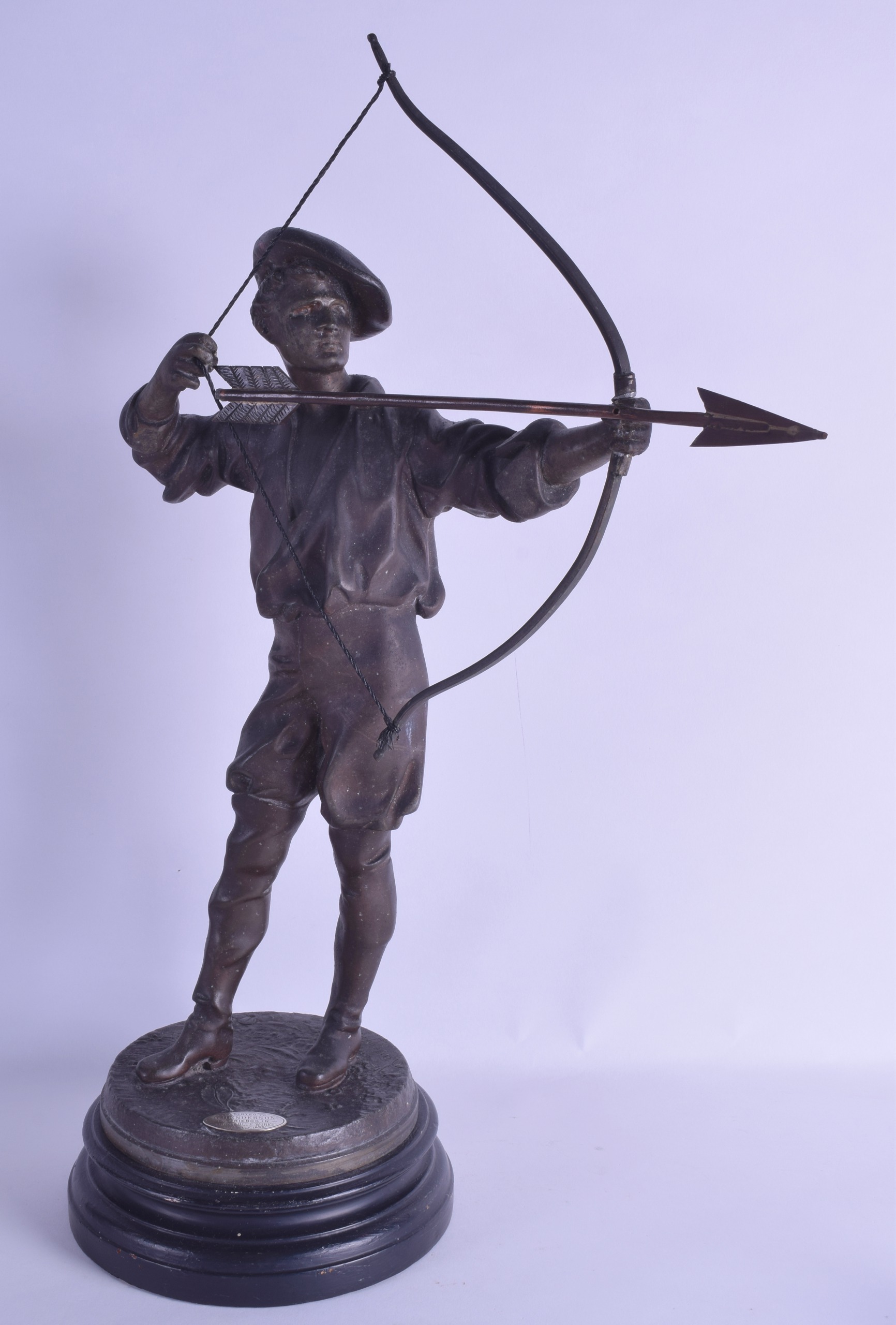 A LARGE 19TH CENTURY FRENCH SPELTER FIGURE OF AN ARCHER with silver presentation plaque. 57 cm