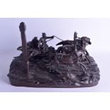 A LARGE RUSSIAN BRONZE FIGURAL GROUP depicting two figures upon a horse drawn troika. 40 cm x 28