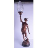 AN ART NOUVEAU COLD PAINTED SPELTER FIGURAL LAMP modelled as a classical male holding aloft a