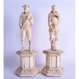 A GOOD PAIR OF 19TH CENTURY EUROPEAN DIEPPE IVORY FIGURES OF TWO MALES modelled standing upon