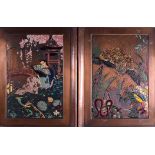 AN UNUSUAL LARGE SET OF FOUR ART DECO ENAMELLED COPPER PANELS depicting an animals within