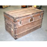 A FRENCH MALLES MOYNAT LEATHER AND BRASS BOUND TRAVELLING TRUNK. 85 cm x 46 cm.