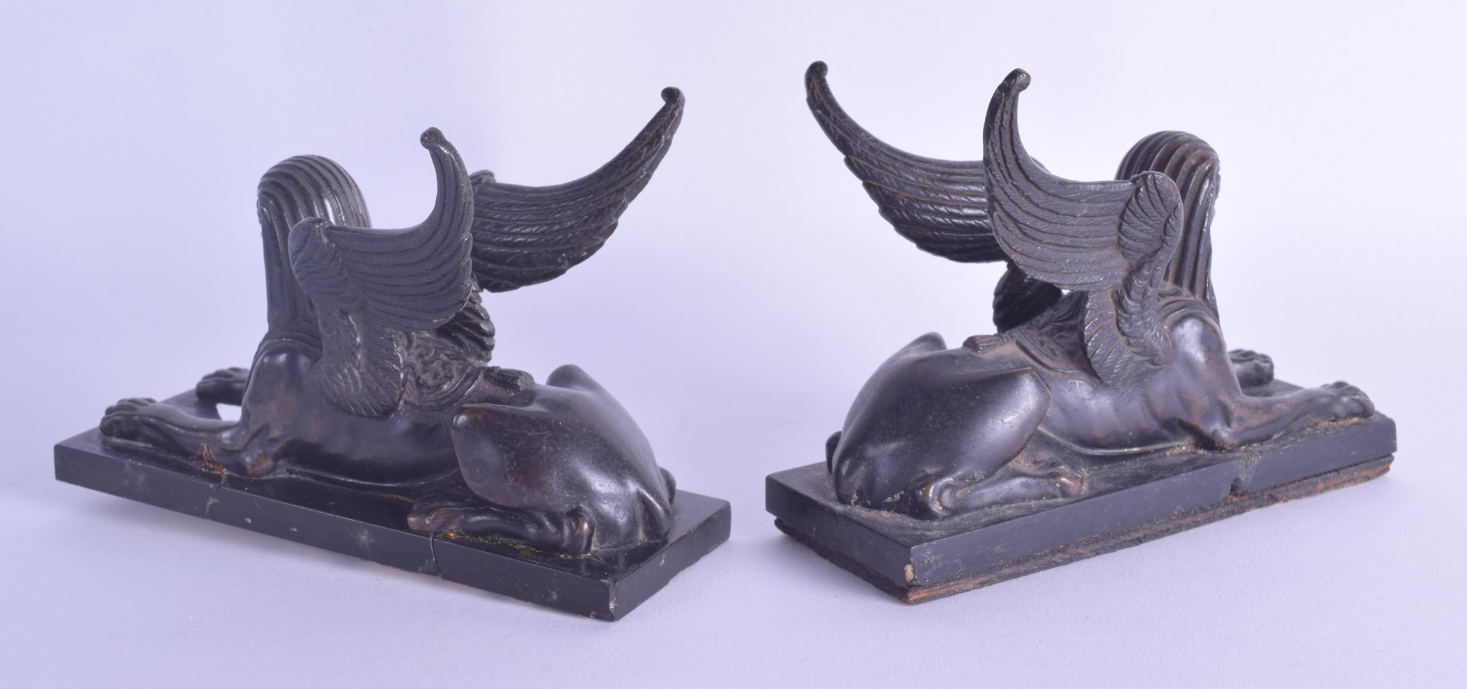 A PAIR OF 19TH CENTURY ITALIAN GRAND TOUR BRONZE FIGURES OF SPHINXES modelled upon black marble - Image 2 of 2