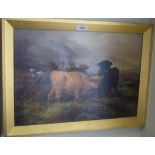 JOHN MORRIS (1851-1889), framed oil on canvas, signed, cattle in a highland landscape. 33 cm x 49