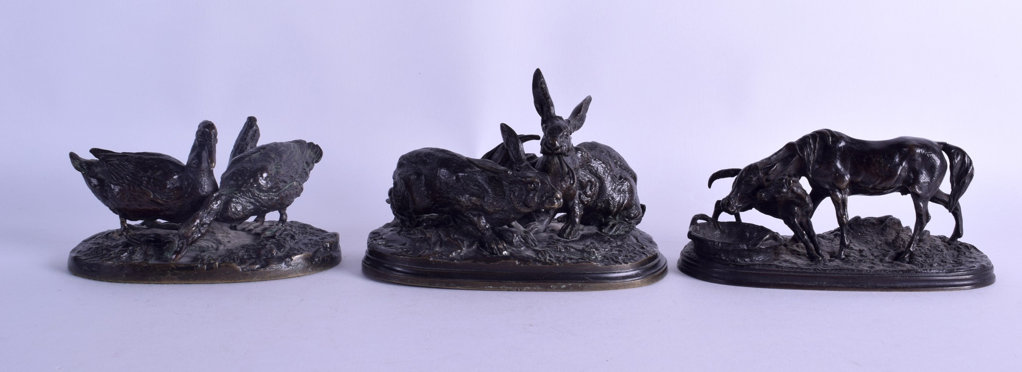 A SET OF THREE 19TH CENTURY BRONZE FIGURAL GROUPS by Pierre Jules Mene (1810-1879), depicting