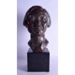 AN EARLY 20TH CENTURY EUROPEAN BRONZE BUST OF A FEMALE upon a square metal plinth. Bust 32 cm x 20