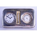 AN ANTIQUE SILVER MOUNTED DUAL DESK CLOCK THERMOMETER AND BAROMETER the clock signed Edward & Sons