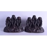 A PAIR OF EARLY 20TH CENTURY JAPANESE TAISHO PERIOD BRONZE OKIMONO modelled as three wise monkeys