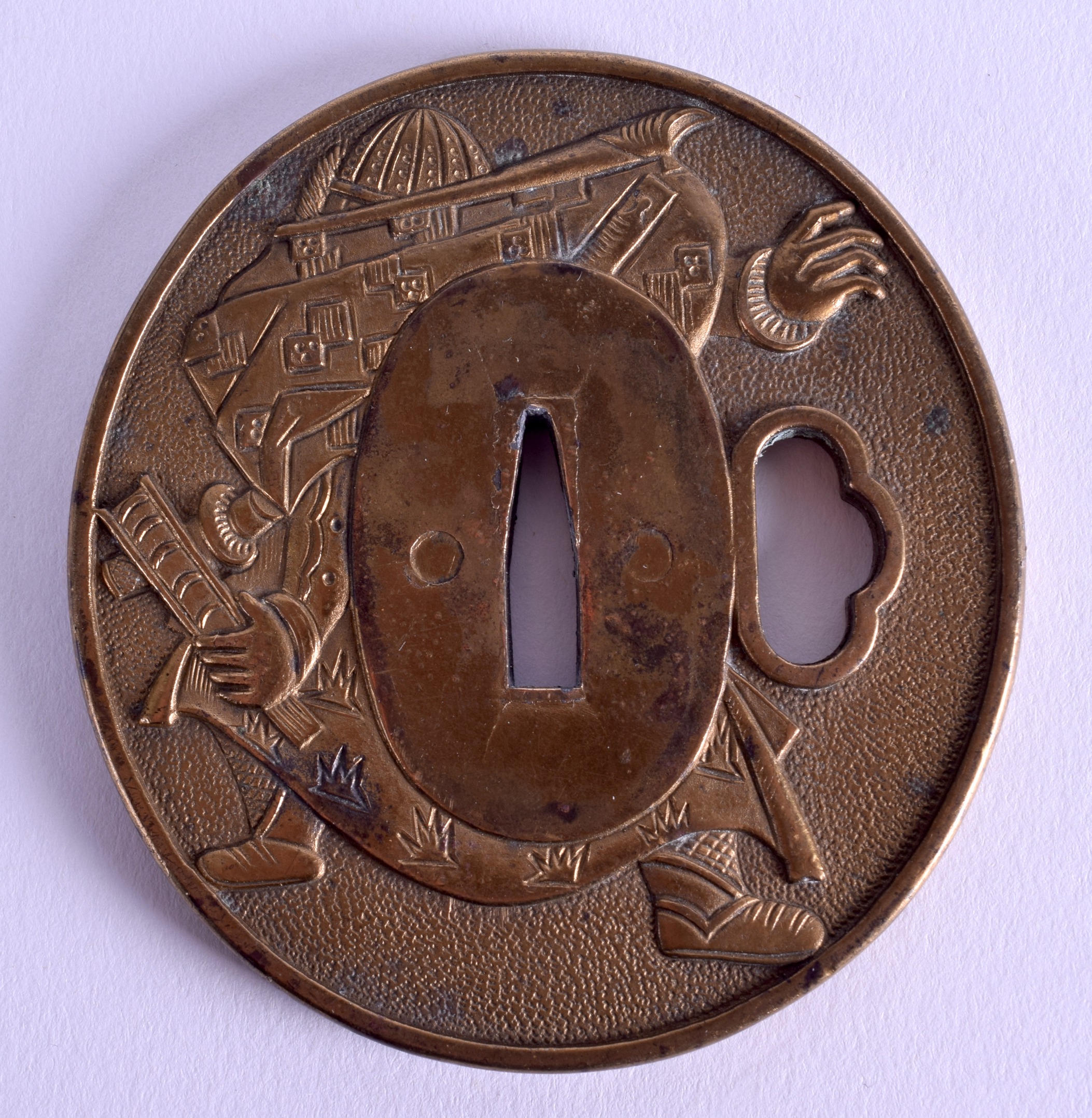 A 19TH CENTURY JAPANESE MEIJI PERIOD BRONZE TSUBA decorated to both sides with a samurai. 7 cm - Image 2 of 2