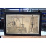 A FRAMED 19TH CENTURY DRAWING AND INK WORK 'Heslop's Patent Steam Engine'. 84 cm x 50 cm.