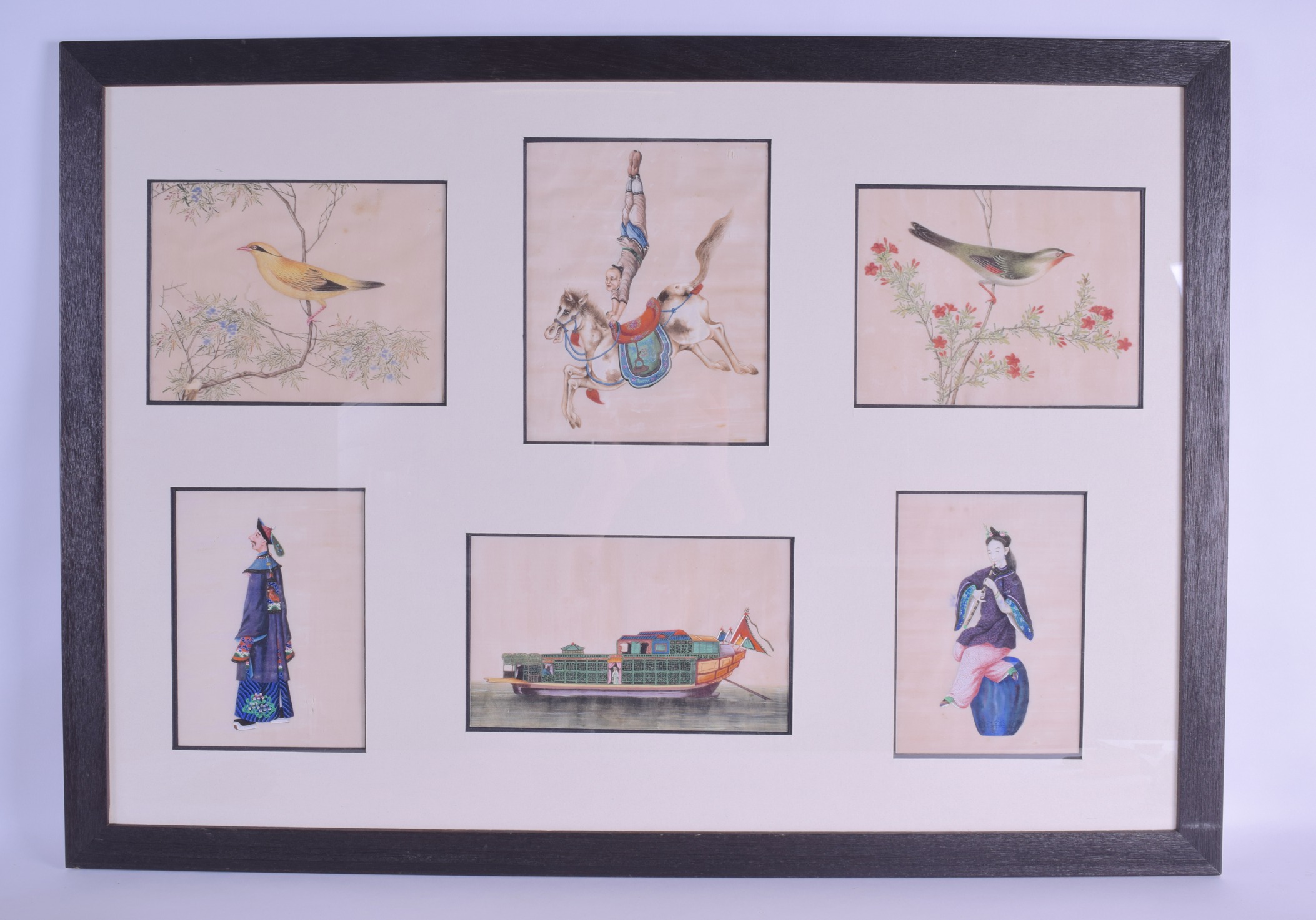 A FRAMED SET OF SIX 19TH CENTURY CHINESE PITH PAPER WATER COLOURS of various designs and sizes.