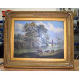 A 19TH CENTURY ENGLISH FRAMED OIL ON BOARD painted with cattle before a river. 60 cm x 45 cm.