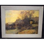 RICHARD GAY SOMERSET (1848-1928), framed oil on panel, signed, cottage in a mountainous river